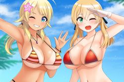 Rule 34 | 2girls, ahoge, armpits, bikini, blonde hair, blue eyes, breasts, cleavage, cloud, collarbone, crossover, flower, gloves, green eyes, hachimiya meguru, hair flower, hair ornament, halterneck, highres, idolmaster, idolmaster shiny colors, jewelry, kantai collection, large breasts, long hair, look-alike, low twintails, multiple girls, navel, necklace, one eye closed, open mouth, outstretched arm, palm tree, prinz eugen (kancolle), salute, sky, smile, string bikini, swimsuit, tan, tanline, the only shoe, tree, twintails