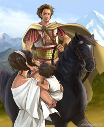 Rule 34 | 1girl, 2boys, alexander the great, ancient greece (hetalia), ancient greek clothes, armor, axis powers hetalia, bucephalus (fate), cape, civilization (series), civilization v, cloud, crossover, day, fate (series), greco-roman clothes, greece (hetalia), horse, horseback riding, manly, mountain, multiple boys, pteruges, riding, scale armor, sherry lai, sky