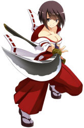 Rule 34 | 1girl, breasts, brown eyes, brown hair, choco la tea, cleavage, eiyuu chronicle, japanese clothes, looking at viewer, miko, short hair, simple background, smile, solo, sword, weapon, white background