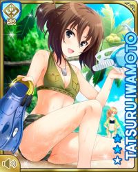 Rule 34 | 2girls, bikini, blue sky, brown hair, camouflage, camouflage bikini, card, character name, character request, cloud, coconut, dog tags, english text, flippers, girlfriend (kari), goggles, grey eyes, iwamoto tatsuru, multiple girls, official art, open clothes, open mouth, open shirt, orange hair, outdoors, palm tree, ponytail, qp:flapper, sand, sand on ass, sand on skin, shirt, sitting, sky, snorkel, sparkle, standing, swimsuit, tree, volume symbol, water, wet, yellow shirt