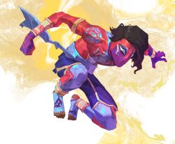 Rule 34 | 1boy, anklet, armlet, black hair, blue shorts, bodysuit, bracelet, clenched hand, floating, from side, heel-less bodysuit, hieumay, highres, jewelry, knees up, leaning forward, male focus, marvel, mask, medium hair, multicolored bodysuit, multicolored clothes, open hand, outstretched arms, sash, shorts, solo, spider-man: across the spider-verse, spider-man (series), spider-man india, spider-verse, spider web print, superhero costume, toeless bodysuit, toeless footwear, toes, toned, western comics (style), yellow background
