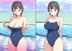 Rule 34 | 1girl, areola slip, arms behind back, black hair, blunt bangs, blush, breasts, cleavage, clothes pull, competition swimsuit, covered erect nipples, covered navel, green eyes, half-closed eyes, highres, kirigaya suguha, large breasts, legs, looking at viewer, naughty face, nipples, one-piece swimsuit, one-piece swimsuit pull, pool, pulling own clothes, seductive smile, shinkai toro, short hair, smile, solo, strap pull, swimsuit, sword art online, teasing, thick thighs, thighs, undressing