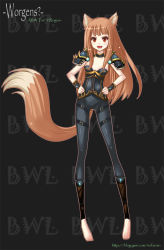 Rule 34 | 1girl, animal ears, barefoot, blush, choker, crossover, hands on own hips, holo, leather, long hair, nefarian, orange hair, red eyes, smile, solo, spice and wolf, tail, teeth, warcraft, wolf ears, wolf tail, worgen, world of warcraft