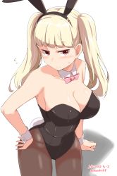 Rule 34 | 1girl, animal ears, artist name, bare shoulders, blonde hair, blunt bangs, bow, bowtie, breasts, brown pantyhose, cleavage, closed mouth, collarbone, cowboy shot, detached collar, fake animal ears, from above, hairband, hand on own hip, kichihachi, large breasts, leotard, long hair, looking up, pantyhose, pink bow, pink bowtie, playboy bunny, rabbit ears, red eyes, solo, strapless, strapless leotard, tokyo 7th sisters, twintails, uesugi u. kyouko, wrist cuffs