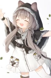 Rule 34 | 1girl, absurdres, animal ears, arknights, black capelet, blush, brown hair, capelet, chinese commentary, closed eyes, commentary, dress, ears through headwear, fur-trimmed capelet, fur-trimmed hood, fur trim, happy, highres, honeyberry (arknights), hood, hood up, hooded capelet, infection monitor (arknights), long hair, low twintails, mang, open mouth, outstretched arms, round teeth, simple background, solo, spread arms, squirrel ears, squirrel girl, teeth, thighhighs, twintails, upper teeth only, white background, white dress, white thighhighs