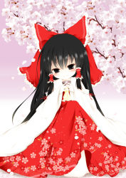 Rule 34 | 1girl, bad id, bad pixiv id, bare shoulders, black eyes, black hair, blush, bow, cherry blossoms, cup, detached sleeves, female focus, hair bow, hair tubes, hakurei reimu, highres, japanese clothes, long hair, miko, sitting, skirt, smile, solo, touhou, tree, umxzo