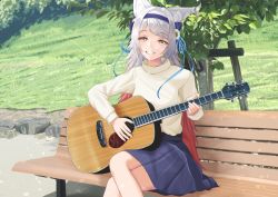 Rule 34 | 1girl, animal ears, bench, commentary request, crossed legs, daisy, day, diffraction spikes, flower, gradient hair, grass, grin, guitar, hair flower, hair ornament, hair ribbon, holding, holding instrument, indie virtual youtuber, instrument, kurou satsuki, long hair, long sleeves, looking at viewer, multicolored hair, on bench, outdoors, park bench, pink hair, ribbon, sena (illust sena), silver hair, sitting, smile, solo, sweater, swept bangs, teeth, tree, very long hair, virtual youtuber, white sweater, wolf ears, yellow eyes