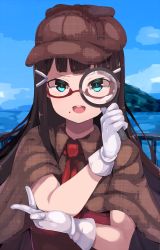 Rule 34 | 1girl, :d, aqua eyes, atsutoku, bespectacled, black hair, blunt bangs, bow, brown bow, brown cape, brown hat, cape, commentary request, day, deerstalker, detective, glasses, gloves, hair ornament, hairclip, hand on own arm, hat, hat bow, highres, holding, kurosawa dia, long hair, looking at viewer, love live!, love live! school idol festival, love live! sunshine!!, magnifying glass, necktie, ocean, open mouth, outdoors, railing, red-framed eyewear, red necktie, semi-rimless eyewear, smile, solo, under-rim eyewear, upper body, v-shaped eyebrows, white gloves