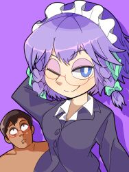 Rule 34 | 1boy, 1girl, akanuma, arm behind head, bespectacled, blue eyes, bow, braid, breasts, bright pupils, buttons, cleavage, closed mouth, collared shirt, commentary request, cookie (touhou), glasses, green bow, hair bow, hair ribbon, highres, izayoi sakuya, looking at viewer, maid headdress, manatsu no yo no inmu, medium breasts, medium hair, office lady, one eye closed, purple background, purple hair, red-framed eyewear, ribbon, ryuuga (cookie), shirt, simple background, smile, tada no matsutake, touhou, twin braids, upper body, white pupils, white shirt