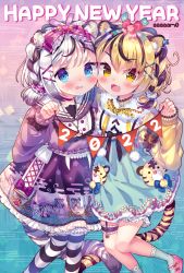 Rule 34 | 2022, 2girls, :d, amo (shibu3), animal ear fluff, animal ears, black hair, blonde hair, blue background, blue eyes, blue legwear, blue skirt, blush, bow, brown eyes, chinese zodiac, commentary request, egasumi, fang, feet out of frame, frilled skirt, frills, fur collar, gradient background, green bow, hair bow, happy new year, high-waist skirt, highres, holding, long sleeves, multicolored hair, multiple girls, nengajou, new year, open mouth, original, pantyhose, parted lips, pennant, pink background, pink footwear, puffy long sleeves, puffy sleeves, purple shirt, purple skirt, red bow, shirt, shoes, silver hair, skirt, sleeves past wrists, smile, socks, streaked hair, string of flags, striped clothes, striped legwear, striped pantyhose, sweat, tail, tiger ears, tiger girl, tiger tail, wavy mouth, year of the tiger, yellow shirt