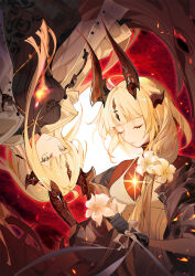 Rule 34 | 2girls, arknights, black gloves, blonde hair, closed eyes, coat, dragon horns, dress, dual persona, flower, gloves, hair flower, hair ornament, highres, horns, indai (3330425), long hair, multiple girls, reed (arknights), reed the flame shadow (arknights), ribbed sweater, sweater, white coat, white dress