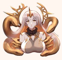 Rule 34 | 1girl, animal, blonde hair, blush, breasts, colored inner hair, cropped torso, dress, evomanaphy, fire emblem, fire emblem heroes, gold trim, grey dress, grey hair, gullveig (fire emblem), highres, horns, large breasts, lips, long hair, looking at viewer, multicolored hair, nintendo, pale skin, single horn, sleeveless, sleeveless dress, snake, snake hair, solo, twitter username, two-tone dress, two-tone hair, white dress, yellow eyes, yellow horns