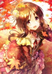 Rule 34 | 1girl, :d, autumn leaves, brown eyes, brown hair, floating hair, from above, hair between eyes, hair ornament, hand in own hair, highres, idolmaster, idolmaster cinderella girls, jacket, layered skirt, leaf, long hair, long skirt, long sleeves, looking at viewer, maple leaf, ment, neck ribbon, open mouth, red jacket, red ribbon, ribbon, shirt, sidelocks, skirt, smile, solo, takamori aiko, white shirt