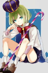 Rule 34 | 10s, 1boy, bad id, bad pixiv id, blue background, blue eyes, bow, bowtie, brown footwear, candy, candy cane, closed mouth, crown, food, green hair, long sleeves, looking at viewer, male focus, merc storia, purple shorts, red bow, red bowtie, shirt, shoes, shorts, sitting, smile, socks, sogawa, solo, suspender shorts, suspenders, white shirt, white socks