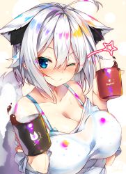Rule 34 | 1girl, ahoge, animal ears, blue eyes, blush, breasts, cleavage, collarbone, cup, holding, holding cup, large breasts, mug, one eye closed, original, rozea (graphmelt), shirt, short hair, smile, tail, upper body, white shirt