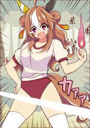 Rule 34 | 1girl, ahoge, animal ears, breasts, brown hair, buruma, clenched hand, commentary request, copano rickey (umamusume), crying, double bun, drooling, fire, hair between eyes, hair bun, hair ornament, hand on own hip, highres, horse ears, horse girl, horse tail, long hair, looking at viewer, medium breasts, mouth drool, multicolored hair, open mouth, pink eyes, pink fire, puffy short sleeves, puffy sleeves, red buruma, shirt, short sleeves, solo, streaked hair, streaming tears, tail, tassel, tassel hair ornament, tears, thighhighs, tree, umamusume, wahiko (black bastard), white hair, white shirt, white thighhighs