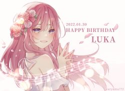 Rule 34 | 1girl, 2022, :d, aryuma772, blue nails, character name, commentary, dated, floating hair, flower, hair between eyes, hair flower, hair ornament, happy birthday, highres, long hair, megurine luka, nail polish, open mouth, pink flower, pink hair, purple eyes, ribbon, smile, solo, twitter username, very long hair, vocaloid, white background, white flower, white ribbon