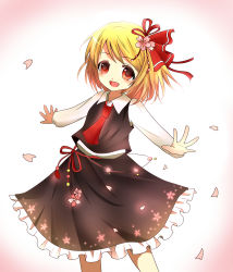 Rule 34 | 1girl, cherry blossoms, female focus, flower, gradient background, hair flower, hair ornament, highres, mesoso, ribbon, rumia, skirt, smile, solo, touhou, white background