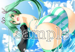 Rule 34 | 1girl, ass, ball, beachball, bikini, blush, cloud, day, detached sleeves, from below, green eyes, green hair, hatsune miku, headset, holding, long hair, massan, matching hair/eyes, open mouth, sample watermark, sky, solo, striped bikini, striped clothes, swimsuit, thighhighs, twintails, vocaloid, wading, watermark, wet
