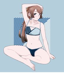 Rule 34 | 10s, 1girl, arm on own head, barefoot, bikini, black eyes, blue background, blue bikini, blue eyes, brown hair, feet, flat chest, full body, hand on own head, indian style, kantai collection, kazagumo (kancolle), long hair, looking at viewer, navel, ojipon, ponytail, sitting, solo, swimsuit