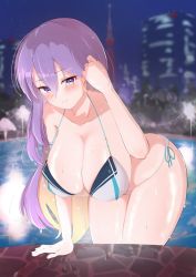 1girl bent_over bikini blonde_hair blurry blurry_background blush breasts cleavage earrings gradient_hair hair_between_eyes highres hololive hololive_indonesia huge_breasts jewelry large_breasts long_hair looking_at_viewer moona_hoshinova multicolored_hair pool purple_eyes purple_hair side-tie_bikini_bottom smile solo suica_koubou swimsuit thighs two-tone_hair virtual_youtuber wet