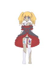 Rule 34 | 1girl, bare shoulders, barefoot, black dress, black panties, blonde hair, blood, blue eyes, character request, closed mouth, dress, extra eyes, female focus, frilled dress, frills, full body, gluteal fold, heart, heart-shaped pupils, heterochromia, highres, long hair, looking at viewer, nagai gojitsudan no nechronica, nail polish, off-shoulder dress, off shoulder, omase (mnnk umai), panties, patchwork skin, pink nails, puffy short sleeves, puffy sleeves, red eyes, ringlets, short sleeves, simple background, smile, solo, standing, stitches, symbol-shaped pupils, twintails, underwear, white background, zombie girl