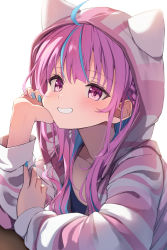 Rule 34 | 1girl, ahoge, animal hood, blue hair, blue nails, blush, grin, hand on own cheek, hand on own face, head rest, highres, hololive, hood, hood up, hooded jacket, jacket, long hair, looking at viewer, minato aqua, multicolored hair, nail polish, purple eyes, purple hair, smile, solo, streaked hair, striped clothes, striped jacket, summer tail720, upper body, virtual youtuber