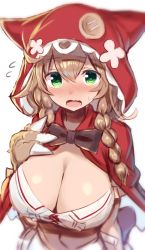 Rule 34 | 1girl, animal hands, black bow, blurry, blush, bow, braid, breasts, brown hair, buttons, cleavage, commentary, depth of field, from above, gloves, greatmosu, green eyes, hair between eyes, highres, huge breasts, long hair, looking at viewer, low twin braids, nijisanji, open mouth, oversized object, paw gloves, red hood, solo, sweatdrop, twin braids, upper body, virtual youtuber, warabeda meiji, warabeda meiji (1st costume), warabeda meijii, wavy mouth