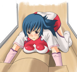 Rule 34 | 00s, 1girl, all fours, blue hair, blush, boots, breast press, breasts, brown eyes, dress, kotona elegance, large breasts, long hair, parted lips, red dress, side slit, solo, thighhighs, toshibou (satsukisou), white footwear, zoids, zoids genesis