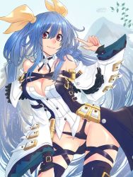 Rule 34 | 1girl, angel wings, arc system works, asymmetrical wings, bare shoulders, belt, black panties, black thighhighs, breasts, choker, cleavage, detached collar, dizzy (guilty gear), fingernails, gluteal fold, guilty gear, guilty gear xrd, hair between eyes, hair ribbon, hair rings, highres, index finger raised, large breasts, long hair, mariebell, panties, pointing, pointing at self, red eyes, ribbon, signature, skindentation, smile, solo, thick thighs, thigh strap, thighhighs, thighs, twintails, underwear, wide sleeves, wings, yellow ribbon