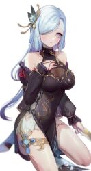 Rule 34 | 1girl, bare shoulders, black dress, black footwear, black sleeves, blue eyes, breasts, china dress, chinese clothes, cleavage, detached sleeves, dress, genshin impact, gradient eyes, grey hair, hair ornament, hair over one eye, hanato (seonoaiko), hand on own chest, hand up, high heels, highres, kneeling, looking at viewer, medium breasts, multicolored eyes, official alternate costume, official alternate hairstyle, open mouth, pelvic curtain, see-through, see-through cleavage, shenhe (frostflower dew) (genshin impact), shenhe (genshin impact), simple background, sleeveless, sleeveless dress, solo, talisman, vision (genshin impact), white background