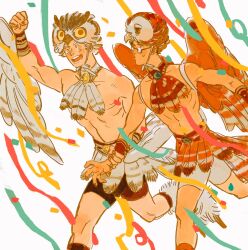 Rule 34 | 2boys, akaashi keiji, animal costume, arm up, bird costume, black shorts, bokuto koutarou, carnival, chengongzi123, commentary, confetti, english commentary, feathers, glasses, grey feathers, grey hair, grey shorts, haikyuu!!, highres, looking at viewer, male focus, multiple boys, no shirt, open mouth, owl costume, rio (movie), running, short hair, shorts, simple background, very short hair, white background, yellow eyes