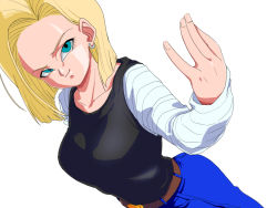 Rule 34 | 1girl, android 18, belt, blonde hair, bob cut, breasts, closed mouth, collarbone, denim, dragon ball, dragonball z, earrings, female focus, from above, green eyes, hand up, hoop earrings, jeans, jewelry, large breasts, legs, long sleeves, looking at viewer, medium hair, pants, raglan sleeves, rom (20), simple background, smile, solo, standing, thighs, white background