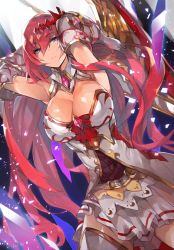 Rule 34 | 1girl, armpits, arms behind head, arms up, bare shoulders, belt, blue eyes, breasts, cleavage, closed mouth, commentary request, detached collar, elbow gloves, gauntlets, gem, gloves, godsworn alexiel, granblue fantasy, hair between eyes, hair ornament, hyakuhachi (over3), large breasts, long hair, looking at viewer, red hair, skirt, solo, thighhighs, very long hair, white gloves, white skirt