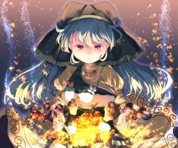 Rule 34 | 1girl, apron, arm ribbon, arms up, aura, blue hair, clay, colored eyelashes, commentary request, dress, embers, fire, flower, gradient background, haniyasushin keiki, holding, hood, jewelry, kemo chiharu, light smile, looking at viewer, magatama, magatama necklace, necklace, red eyes, ribbon, short hair, signature, smoke, solo, standing, tools, touhou, yellow dress