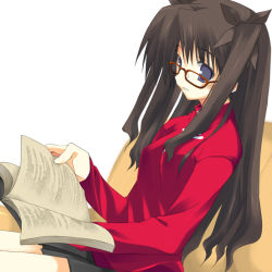 Rule 34 | 00s, 1girl, book, brown hair, fate/stay night, fate (series), glasses, ribbon, solo, tohsaka rin, turtleneck, two side up