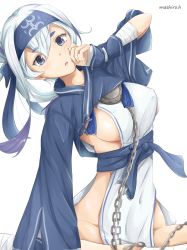 Rule 34 | 10s, 1girl, ainu clothes, artist name, bandages, bandaged arm, blue eyes, blush, breasts, chain, covered navel, headband, highres, kamoi (kancolle), kantai collection, long hair, looking at viewer, medium breasts, sideboob, simple background, solo, takumin (takumi415), white background, white hair