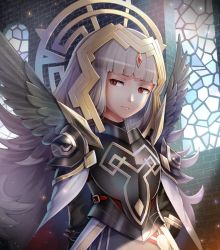 Rule 34 | 1girl, armor, cape, crown, fire emblem, fire emblem heroes, gloves, gonzarez, grey hair, hair ornament, long hair, looking at viewer, nintendo, red eyes, shoulder armor, simple background, solo, veronica (fire emblem)