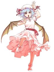 Rule 34 | 1girl, bad id, bad twitter id, bat wings, blue hair, dress, fighting stance, frilled sleeves, frills, full body, hat, hat ribbon, knee up, looking at viewer, mob cap, open mouth, pink dress, puffy short sleeves, puffy sleeves, red eyes, red ribbon, remilia scarlet, ribbon, sash, short hair, short sleeves, simple background, skirt, skirt set, socks, solo, standing, standing on one leg, teoshiguruma, touhou, white background, wings, wrist cuffs