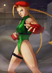 Rule 34 | 1girl, ahoge, beret, blonde hair, blue eyes, braid, breasts, cammy white, chest harness, commentary request, cowboy shot, fighting stance, fingerless gloves, foreshortening, gloves, green leotard, harness, hat, higeta mayuo, highleg, highleg leotard, highres, holster, huge ahoge, leotard, long hair, looking at viewer, medium breasts, red gloves, red hat, scar, scar on face, solo, street fighter, street fighter v, thigh holster, thong leotard, twin braids