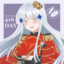 Rule 34 | 1girl, 416 day, blush, breasts, cleavage, crown, finellen, girls&#039; frontline, green eyes, hair ornament, hairclip, highres, hk416 (girls&#039; frontline), hk416 (percussive bolero) (girls&#039; frontline), large breasts, long hair, looking at viewer, marching band, official alternate costume, open mouth, parted lips, silver hair, simple background, smile, solo, teeth, underboob, upper body, upper teeth only