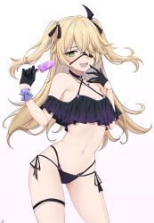 Rule 34 | 1girl, absurdres, bikini, black choker, black gloves, blonde hair, choker, cowboy shot, eyepatch, feint721, fischl (genshin impact), floating hair, food, frilled bikini, frills, genshin impact, gloves, green eyes, highres, holding, holding food, long hair, looking at viewer, multi-strapped bikini, navel, off-shoulder bikini, off shoulder, open mouth, popsicle, scrunchie, side-tie bikini bottom, simple background, smile, solo, stomach, swimsuit, thigh strap, thighs, two side up, white background, wrist scrunchie