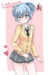 Rule 34 | 1boy, ansatsu kyoushitsu, blue eyes, blue hair, blush, collar, collared shirt, crossdressing, dated, heart, kunugigaoka middle school uniform, looking at viewer, male focus, miniskirt, necktie, school uniform, shiota nagisa, shirt, short hair, short twintails, simple background, skirt, solo, squiggle, sweat, tenten (kitty), translated, trap, twintails, two-tone background