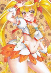 Rule 34 | 1girl, absurdres, arm up, blonde hair, blush, bow, brooch, closed mouth, commentary, cowboy shot, crop top, cure sunshine, floral background, flower, frilled cuffs, frilled skirt, frills, hair flower, hair ornament, hair ribbon, heart, heart brooch, heartcatch precure!, highres, jewelry, long hair, looking at viewer, microskirt, midriff, myoudouin itsuki, navel, orange ribbon, orange skirt, panties, precure, puffy short sleeves, puffy sleeves, ribbon, shirt, short sleeves, skirt, smile, solo, standing, striped clothes, striped panties, sunflower, traditional media, twintails, uhouhosoiya go, underwear, very long hair, white shirt, yellow bow, yellow eyes, yellow flower, yellow panties