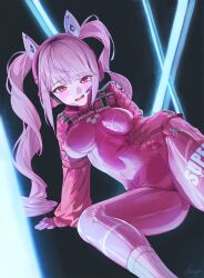 Rule 34 | 1girl, alice (nikke), animal ear headphones, animal ears, bodysuit, breasts, covered navel, fake animal ears, gloves, goddess of victory: nikke, headphones, headset, highres, jacket, long hair, looking at viewer, m.q (mqkyrie), medium breasts, open mouth, pink bodysuit, pink eyes, pink gloves, pink headphones, red jacket, skin tight, smile, solo, twintails