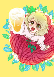 Rule 34 | 1girl, alcohol, beer, beerko, blonde hair, blush, bow, cup, dress, drinking glass, frilled dress, frills, green nails, green ribbon, hair ribbon, happy, holding, leaf, long sleeves, myouga teien, nail polish, one-hour drawing challenge, open mouth, original, plaid, puffy long sleeves, puffy sleeves, purple dress, ribbon, shirt, short hair, simple background, strapless, strapless dress, wine glass, yellow eyes