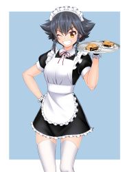 Rule 34 | 1girl, alternate costume, apron, arm up, black dress, black hair, blue background, braid, breasts, cake, commentary request, contrapposto, dress, enmaided, feet out of frame, food, frilled apron, frilled skirt, frills, girls und panzer, grin, hand on own hip, highres, holding, holding tray, looking at viewer, maid, maid apron, maid headdress, medium breasts, one eye closed, orange eyes, pepperoni (girls und panzer), plate, puffy short sleeves, puffy sleeves, ruka (piyopiyopu), short sleeves, simple background, single braid, single sidelock, skirt, smile, solo, standing, teeth, thighhighs, tray, white thighhighs