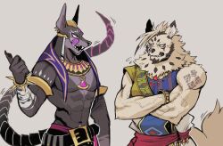 Rule 34 | 2boys, abs, animal ear piercing, animal ears, another eidos-r, bara, bare pectorals, belt, black belt, crossed arms, egyptian clothes, furry, furry male, grey background, highres, jackal boy, jackal ears, jalam (another eidos), k0bit0wani, licking lips, looking at another, male focus, multiple boys, muscular, muscular male, navel, neck fur, pectorals, pointing, pointing to the side, shoulder tattoo, sleeveless, sweatdrop, tail, tattoo, tongue, tongue out, upper body, usekh collar, v-taper, zacharoff (another eidos)