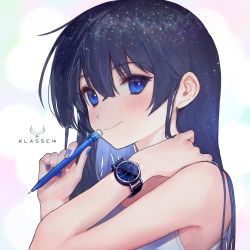 Rule 34 | 1girl, ainy, bare shoulders, blue eyes, blue hair, blue nails, commentary request, gradient background, hair between eyes, highres, holding, holding pencil, klasse14, logo, long hair, mechanical pencil, nail polish, original, pencil, product placement, smile, solo, tank top, title, upper body, watch, wristwatch