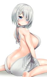 Rule 34 | 10s, 1girl, alternate costume, arched back, ass, backless dress, backless outfit, bare back, breasts, butt crack, dress, from behind, full body, hair over one eye, halterneck, hamakaze (kancolle), hamalu, highres, kantai collection, large breasts, looking at viewer, meme attire, naked sweater, ribbed sweater, short hair, sideboob, silver hair, simple background, sitting, solo, sweater, sweater dress, turtleneck, turtleneck sweater, virgin killer sweater